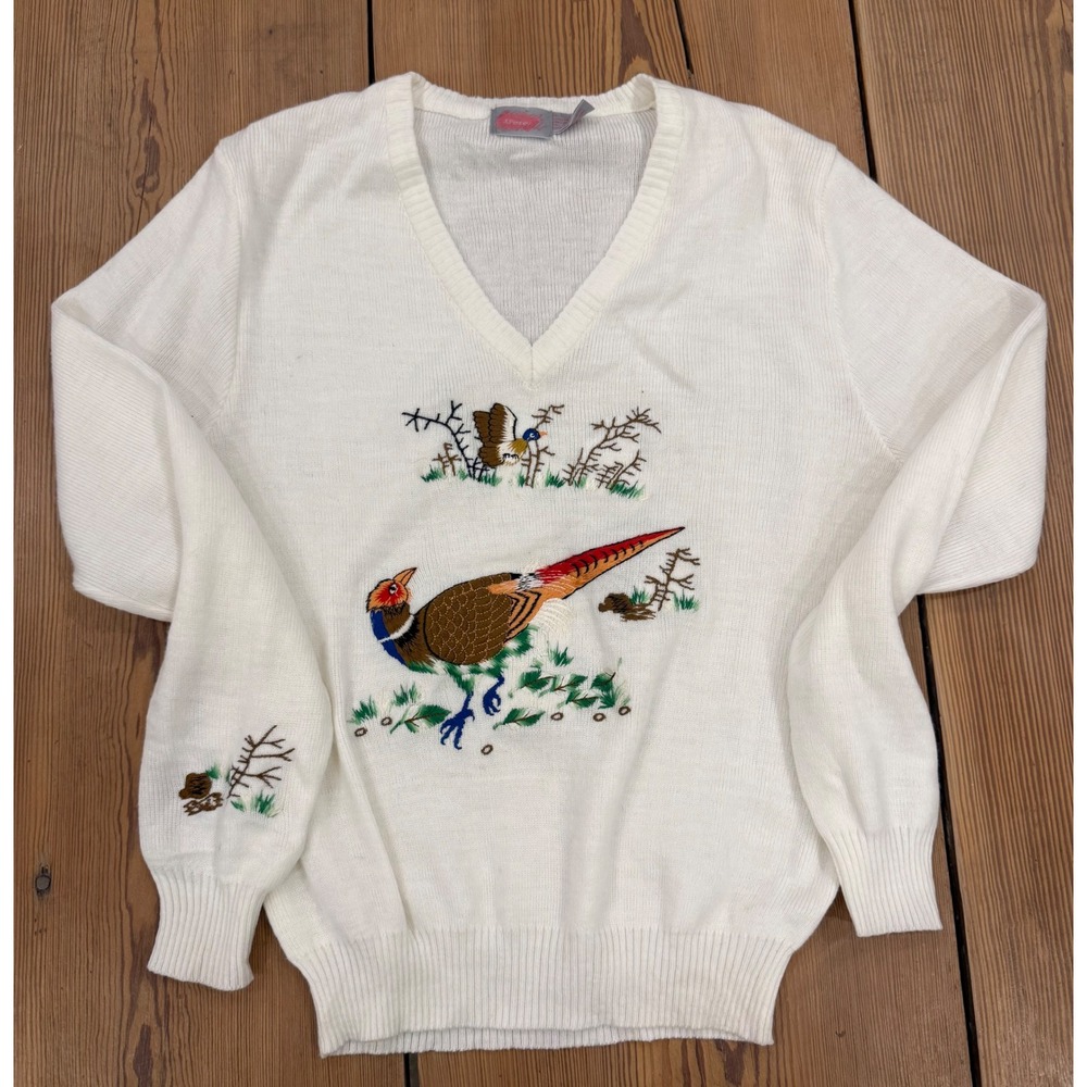 Vintage JCPenney Pheasant Embroidered Sweater White V-Neck Hunting Grandpa‎ Core